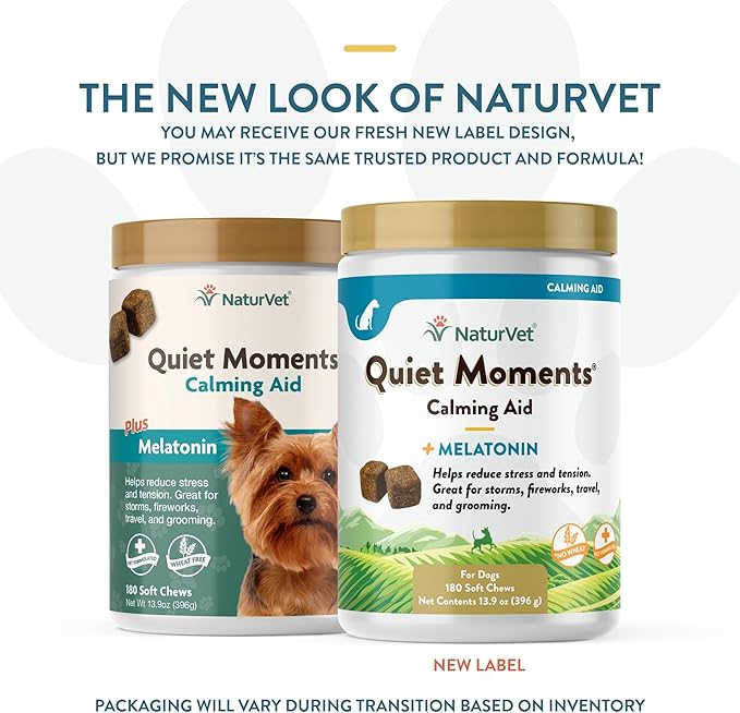 NaturVet Quiet Moments Calming Dog Supplement, Dog Soft Chews with Melatonin to Help Reduce Stress from Storms, the Vet, Fireworks, and Travel, Bacon and Chicken Flavored Pet Supplement, 180 Count Jar