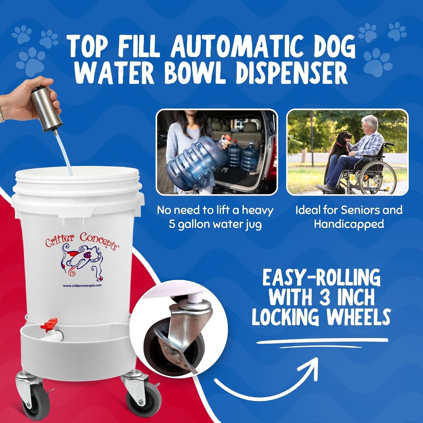 Pet Gravity Water Dispenser: 5 Gallon. for Dogs, Cats, Goats, Small Animals. Quiet, No BPA and Made in USA. Ideal Dog Bowl Large Breed. Best Automatic Waterer.