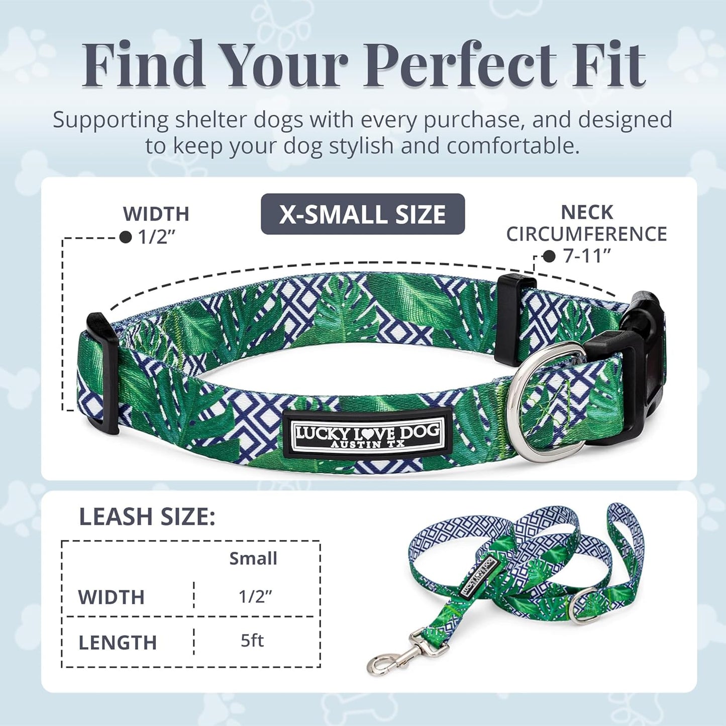 Lucky Love Dog Collar and Leash Set, Beautiful & Vivid Patterns, Easy On & Off Clasp Accessory (Blue Laguna, XS Combo)