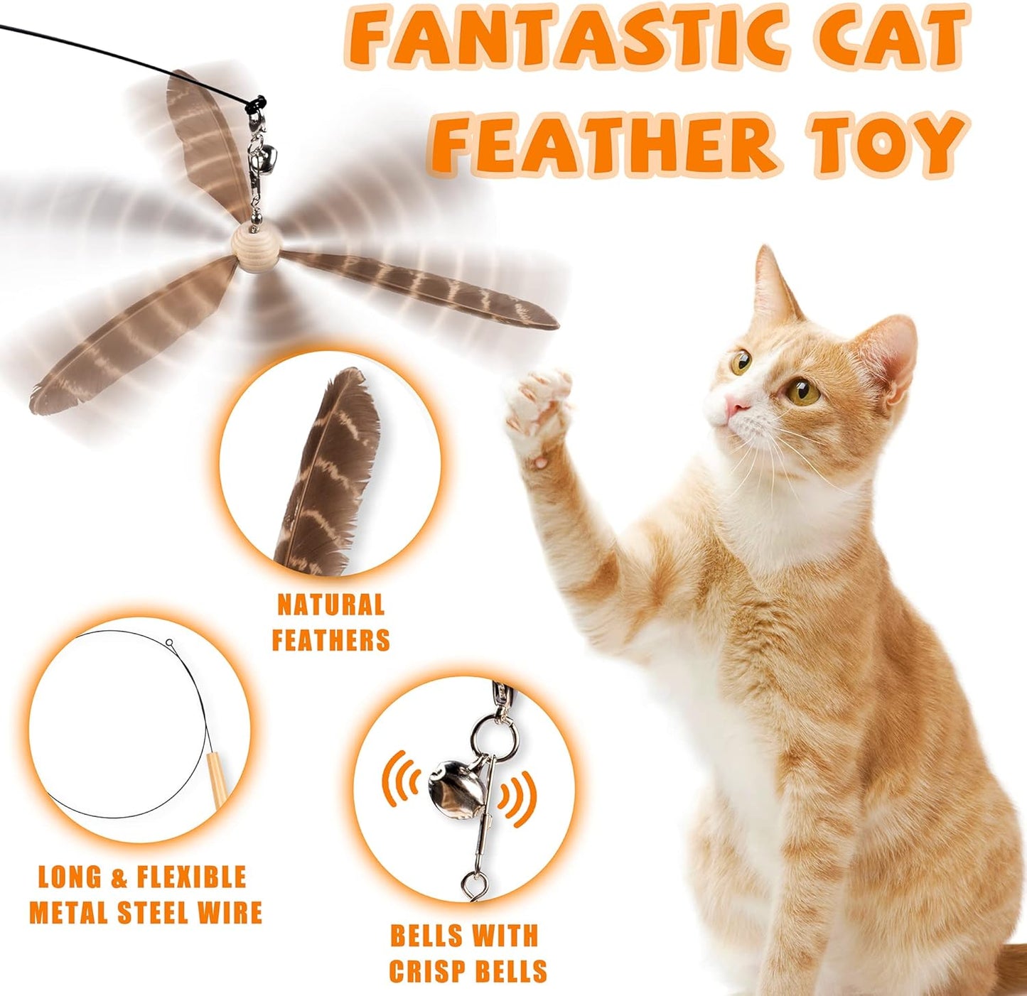JXFUKAL Cat Wand Toys, Interactive Cat Toys with 3 Feather Refills, 29'' Flexible Steel Wire, Sturdy Wood Handle & Bell for Kitty Kitten, Cat Toys for Indoor Cats Teaser Cat String Toy