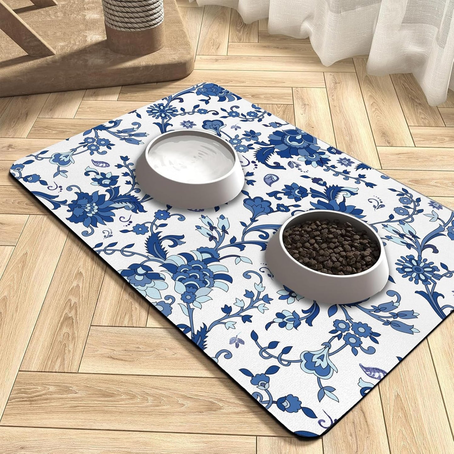 Pet Dog Food Mat Large - Absorbent Non-Slip Placemat for Dog Bowl,Cat Feding Mats for Floors,Dishmat for Food and Water,12"x20"(Vintage Flower)