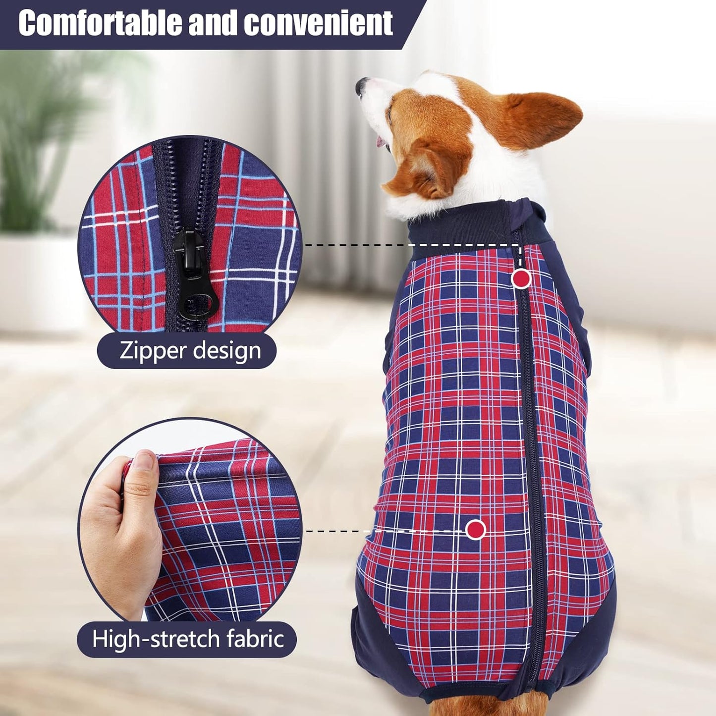 Dog Recovery Suit, Abdominal Wound After Surgery Wear, Anti Licking Bodysuit with Zipper, E-Collar & Cone Alternatives, Plaid Dog Spay Surgical Onesie Prevent Shedding(3XL, Red)