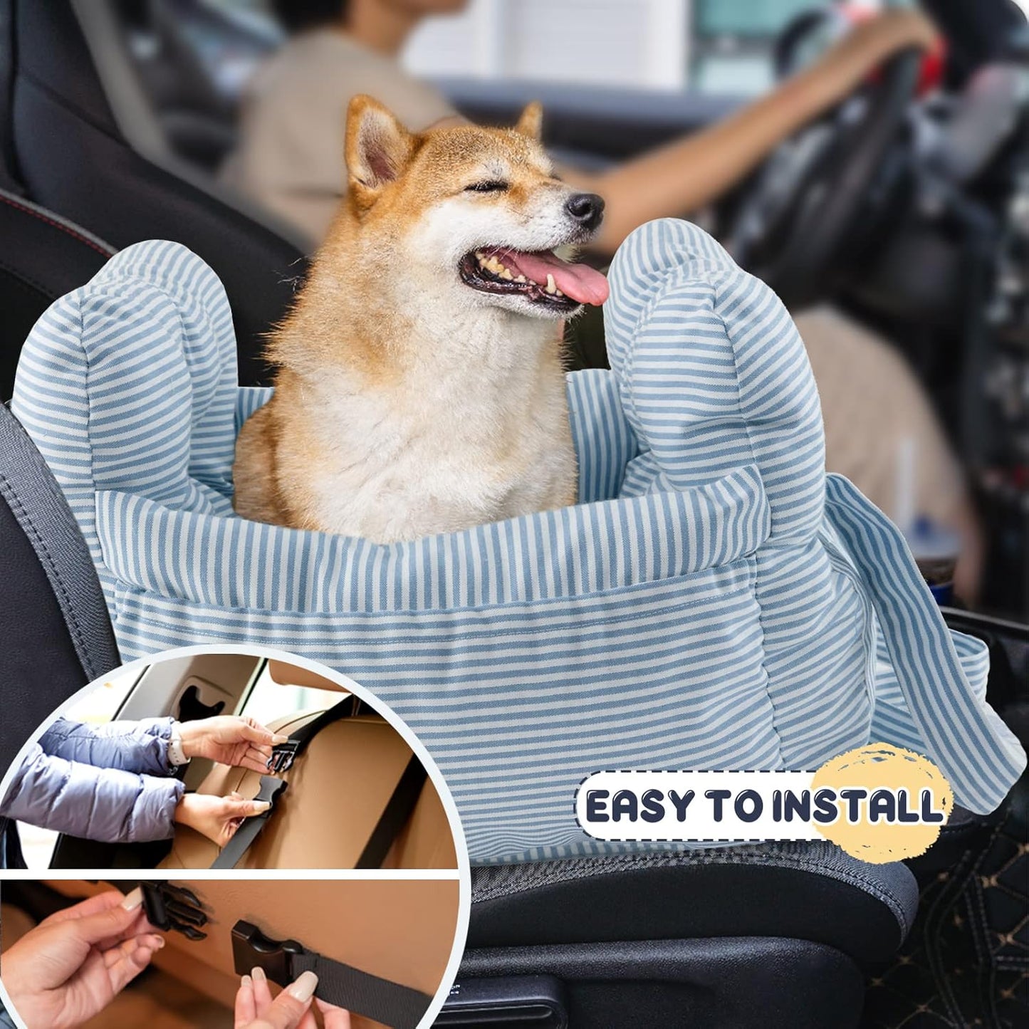 Dog Car Seat for Small Dogs, Portable Puppy Car Seat of Easy Installation, Fashionable Pet Carrier Bag with Large Pockets, Machine Washable Dog Booster Seat (Striped Blue)