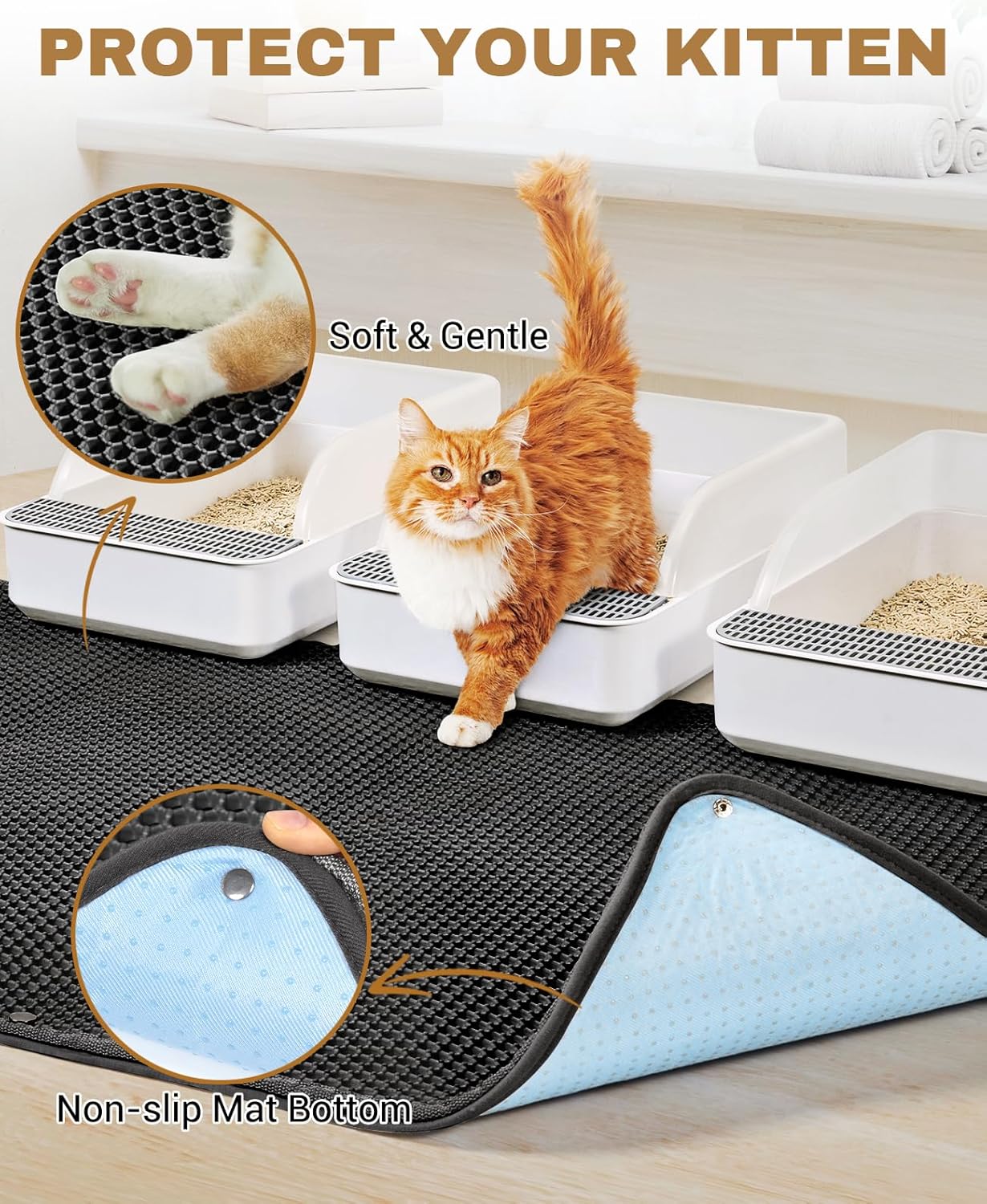 Fostanfly Cat Litter Mat, 45"x 27" Kitty Litter Trapping Mat, Extra Large XL Honeycomb Scatter Control, Urine & Waterproof, Machine Washable, Black