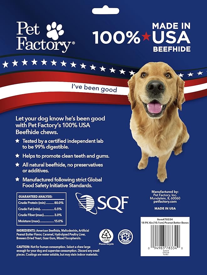 Pet Factory 100% Made in USA Beefhide 4" Knotted Bones Dog Chew Treats - Peanut Butter Flavor, 18 Count/1 Pack