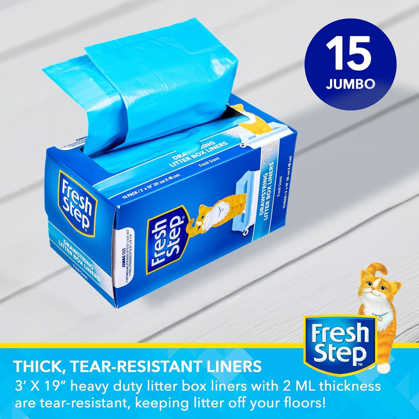 Fresh Step Drawstring Cat Litter Box Liners, Fresh Scent - Kitty Litter Bags for Rectangle or Oval Large Litterboxes, Size Jumbo, 36" x 19" - 15 Count