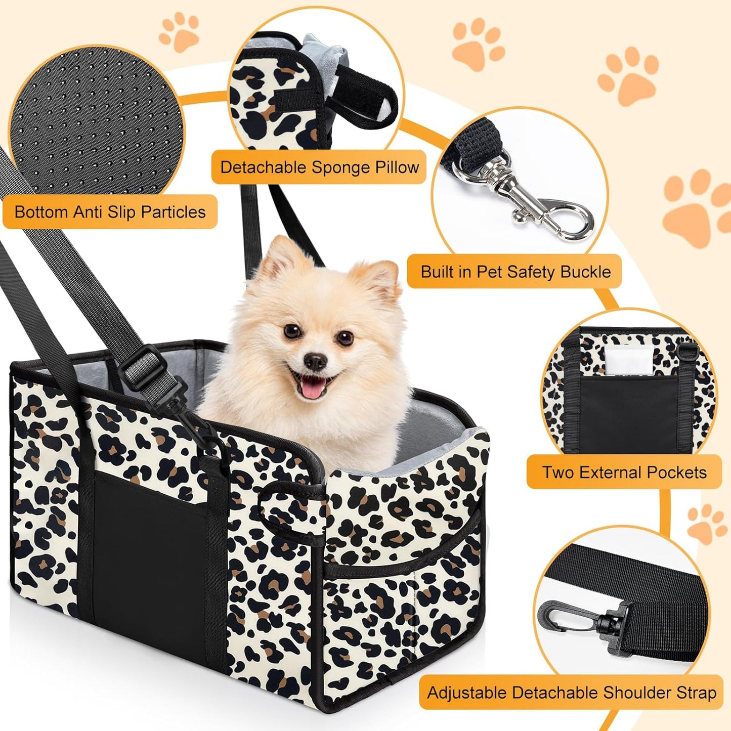 Portable Dog Car Seat for Small Dogs - Adjustable Safety Leash, Washable Cushion & Storage Pocket - Pet Booster Seat for Car Travel- Leopard