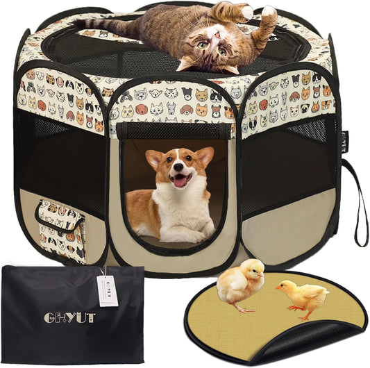 Dog Playpen Waterproof Foldable Pet Play Pens Puppy Playpen Indoor for Puppy Pet - Portable Small Animal & Toddler Play Pen with Washable Pet Cushion, Carrying Case (29"x29"x18.5")