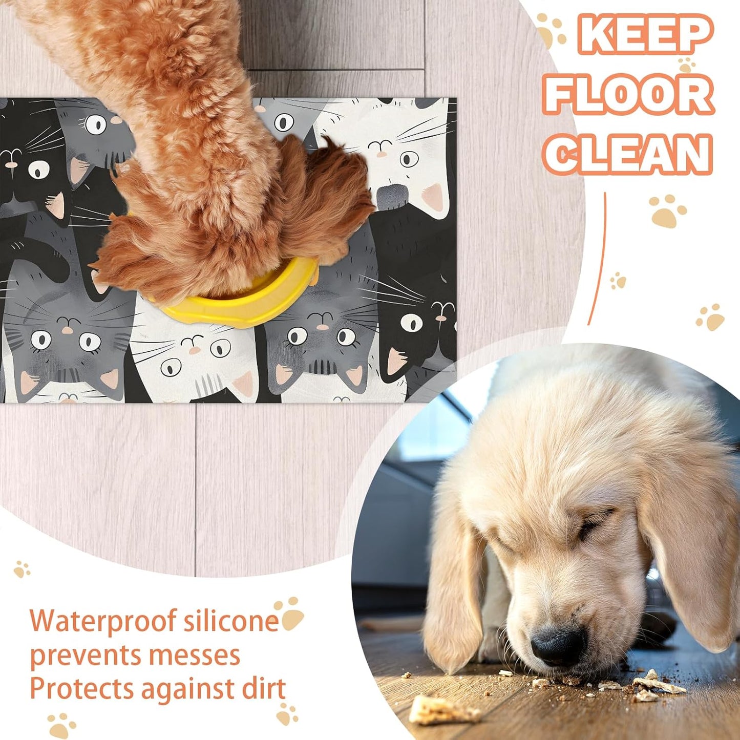 Dog Cat Food Mat,12"x20" Inches Rapid Absorbent Pet Feeding Mat,Pets Placemat Water Bowl Mats with Rubber Backing,No Stains Cat Dog Feeding Mats Indoor,Pet Accessories Supplies,Cartoon Cats