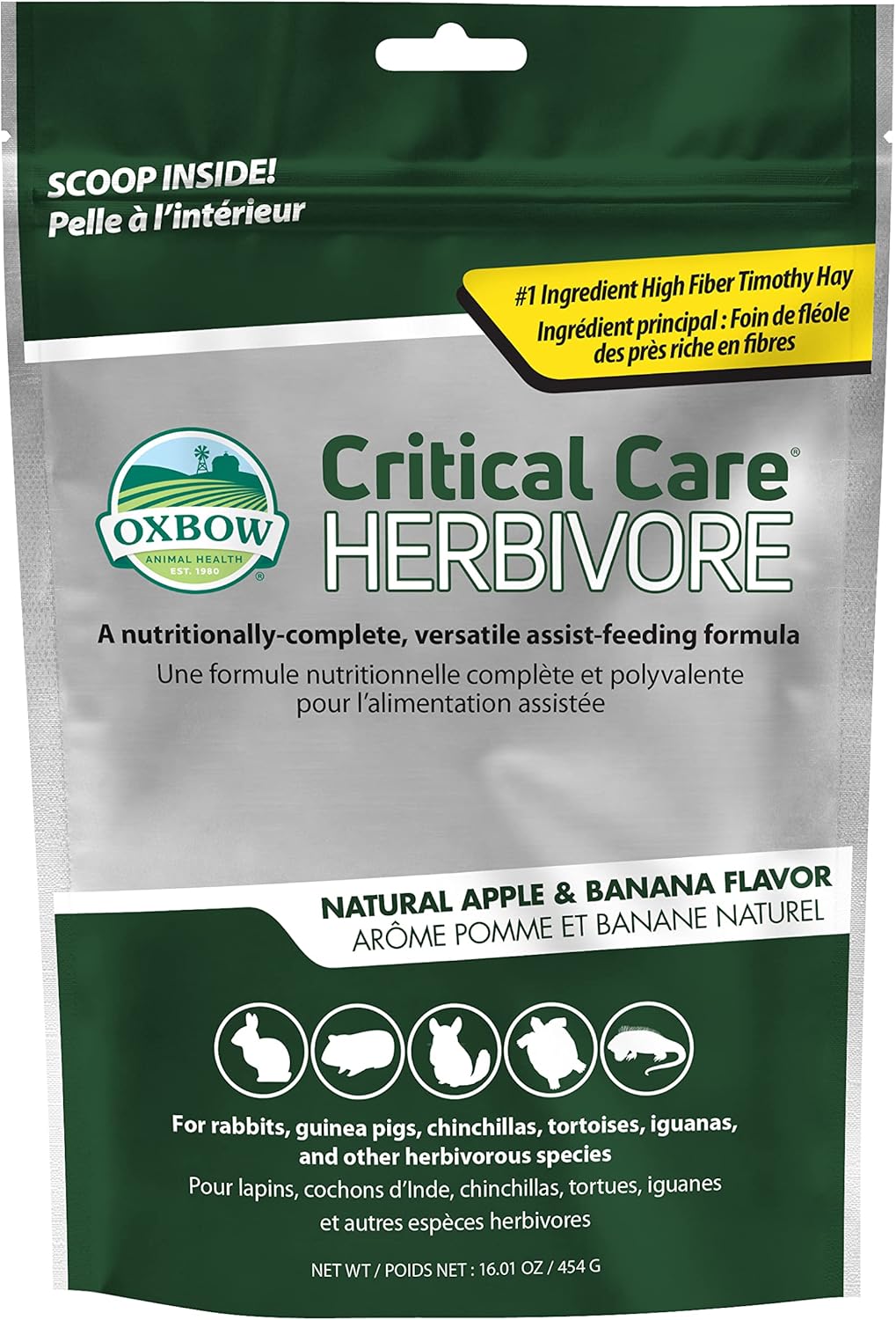 Oxbow Critical Care Herbivore, Emergency Rabbit & Guinea Pig Food, Natural Apple Banana Flavor, Veterinary Formula, Critical Care Herbivore, Assist Feeding Formula for Pets, 454 gram bag