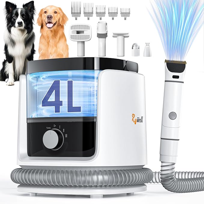 Rywell 4L Large Capacity Dog Grooming Vacuum, 13000Pa 7-in-1 Dog Grooming Kit with Clippers&Brushes for Shedding, Trimming&Vacuuming, Pet Grooming Vacuum for Dogs, Low Noise