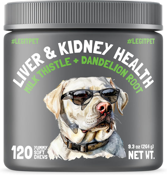 Liver & Kidney Support for Dogs Detox Natural Supplement with Milk Thistle Dandelion Root Turmeric Curcumin Hepatic Support Treats for Canine Liver Function, Immunity & Digestion 120 Soft Chews