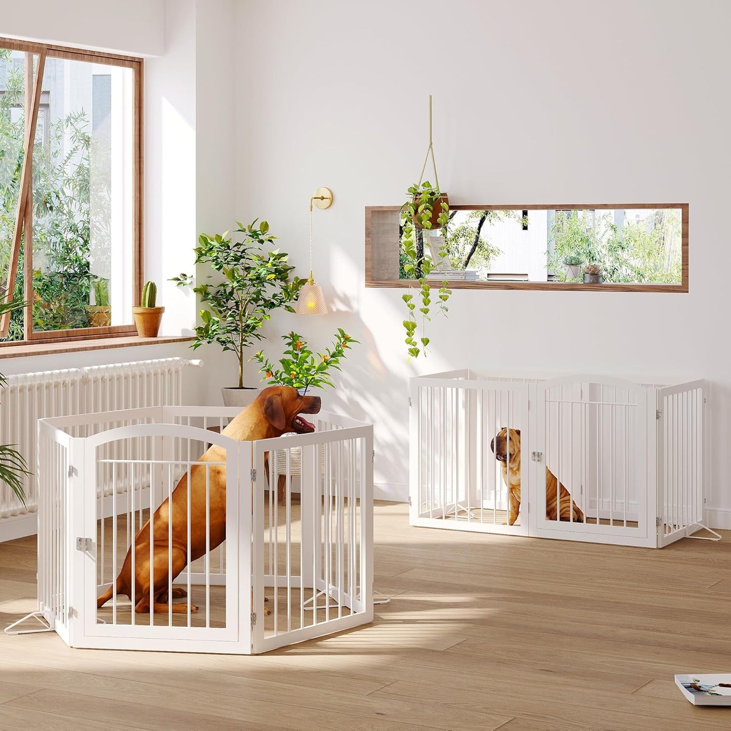 JSB 144-inch Extra Wide 30-inch Tall Dog gate with Door Walk Through, Freestanding Round Tube Pet Gate for Halls Stairs, Puppy Safety Dog Fence with 2PCS Support Feet (White)