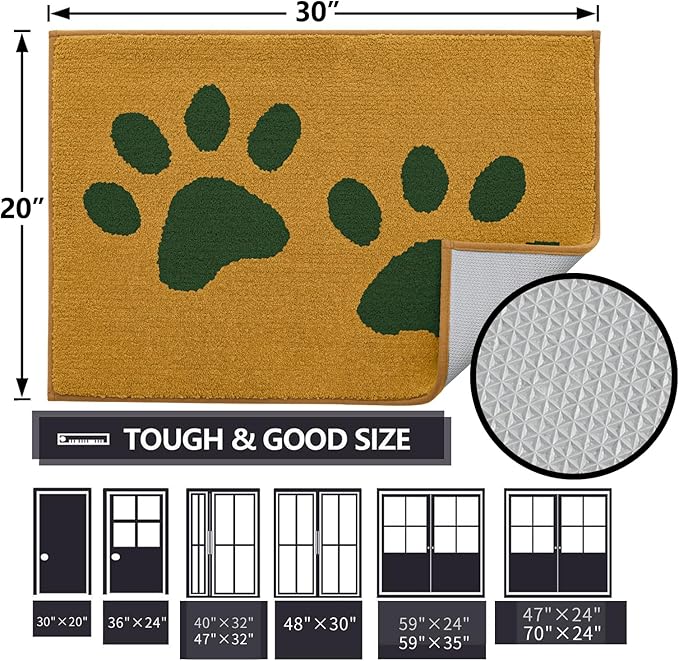Buganda Dog Door Mat for Muddy Paws, Absorbent Dirt Trapper Washable Indoor Doormats, Non Slip Low-Profile Mud Mat for Dogs, Front Entrance Doormat for Inside Floor (30x20 Inches, Yellow and Green)