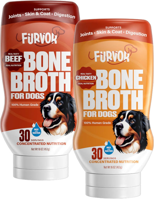 Beef & Chicken Bone Broth Concentrate for Dogs - Collagen Protein Supplement for Digestion, Mobility, Coat, Immune System, Joints - Healthy Dog Food Topper - Human Grade (2pk, 60 Servings)