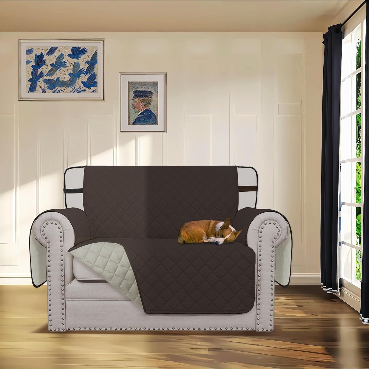 Easy-Going Reversible Chair Cover Washable Sofa Cover for Dogs Water Resistant Couch Slipcover Furniture Protector Cover with Adjustable Straps for Pets (Chair 30 in, Chocolate/Beige)