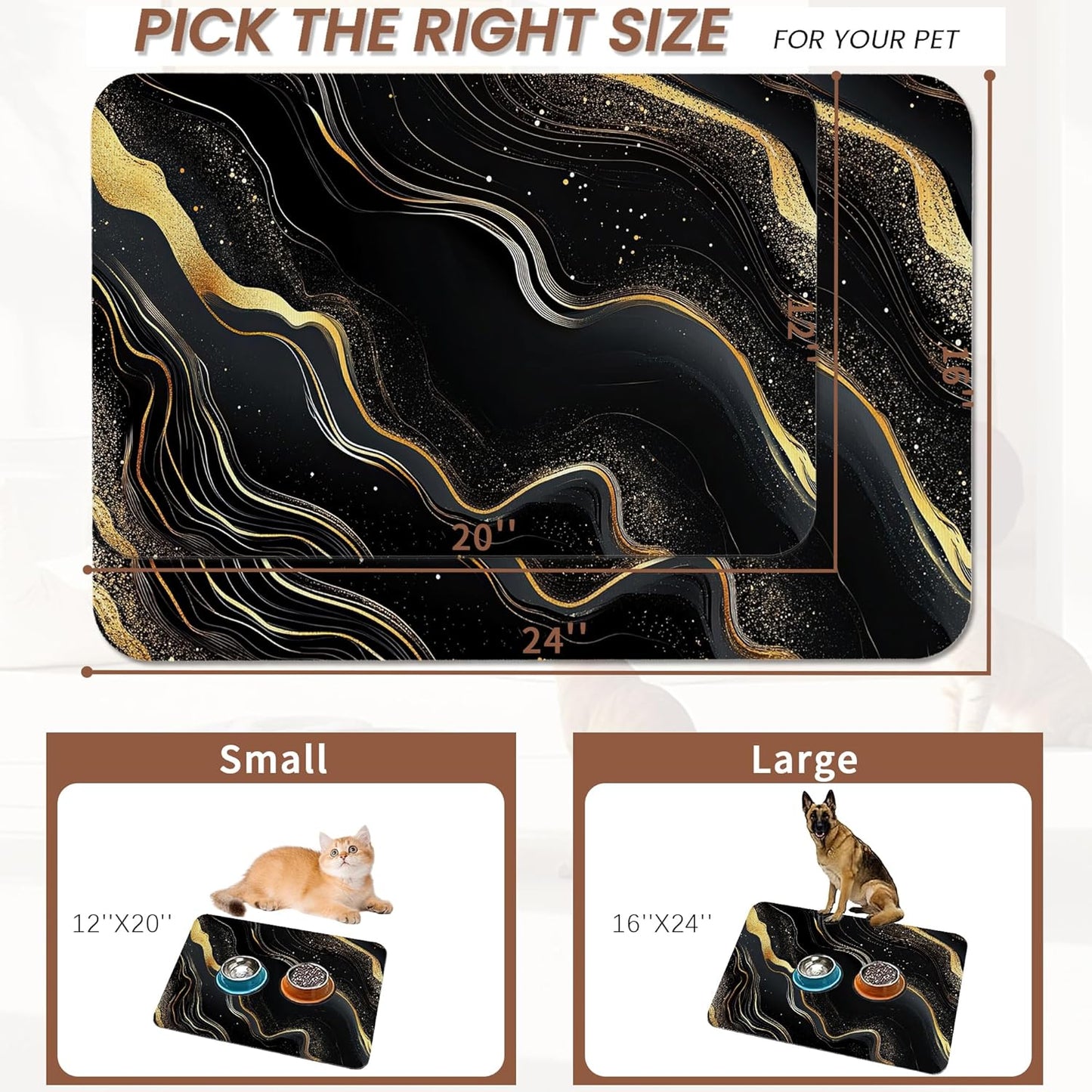 Marble Pet Feeding Mat,Black Gold Flowing Marble Absorbent Quick-Dry Cat Dog Food and Water Bowl Mats,Non-Slip Rubber Backing Mat,Cat Dog Accessories Supplies 16"x24"
