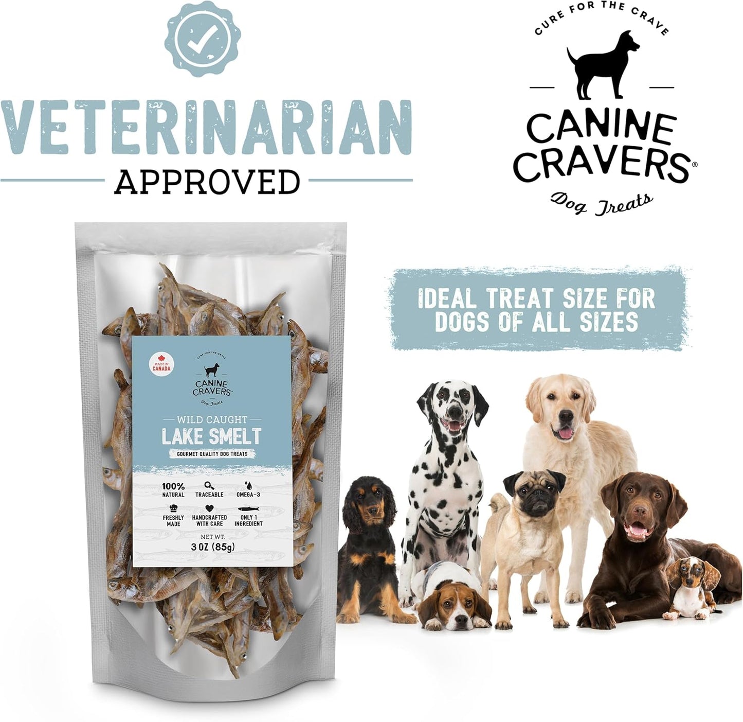 Canine Cravers Single Ingredient Dog Treats – Wild Caught Lake Smelt - Human Grade Air Dried Hypoallergenic Pet Food – Grain, Gluten, and Soy Free – 100% All Natural – 3 oz (Pack of 2)