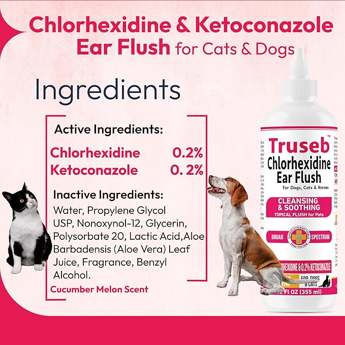 Truseb Advanced Topical Dog Ear Wash with Ketoconazole & Chlorhexidine Ear Flush Dog, Cats and Horses, with Aloe - 12 oz Made in U.S.A (Ketoconazole & Chlorhexidine Ear Flush, 12 oz)