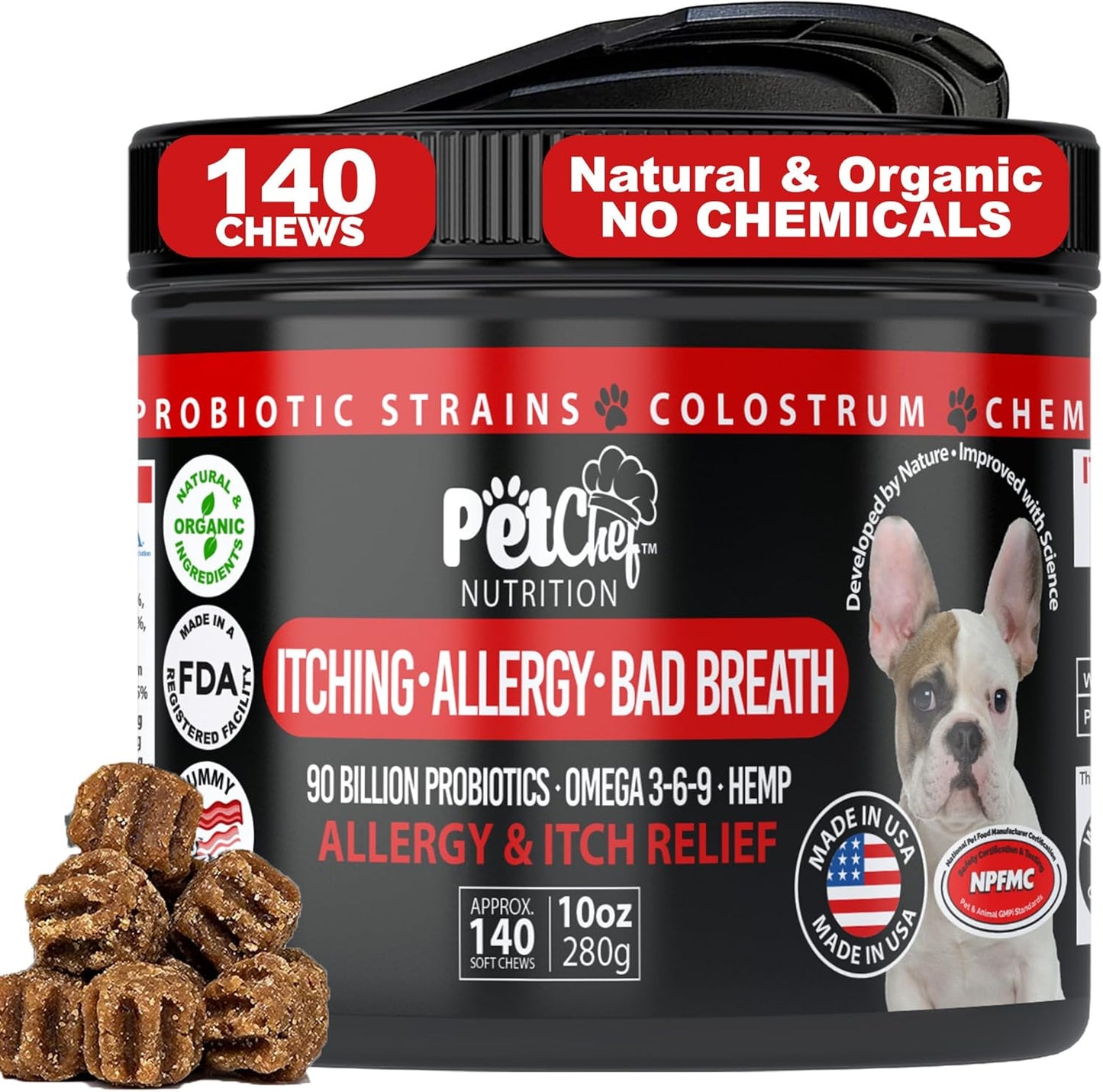 Pet Chef Dog Stop Itching Relief Chew - Anti Itch for Dogs with Omega 3, Salmon Oil - Bacon Flavor - Easy Allergen-Free Immune System Support - Top Allergy Medicine for Dogs. 140ct. Best Value!