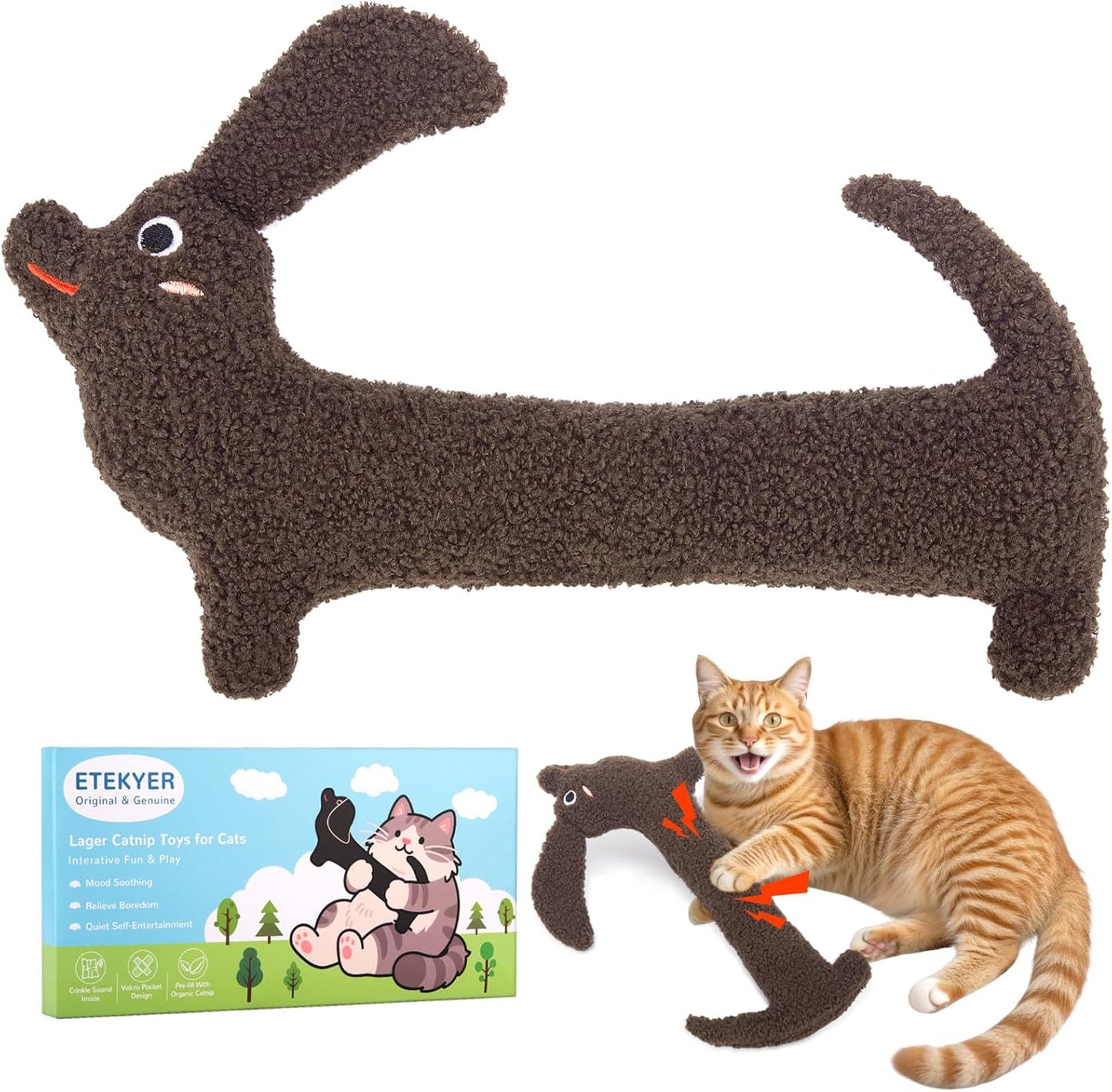 Cat Toy, Refillable Catnip Durable Kitty Kicker Toy, Puppy Shape, Plush and Crinkle Kitten Chew Toy for Kicking, Tossing, and Teeth Cleaning, Brown