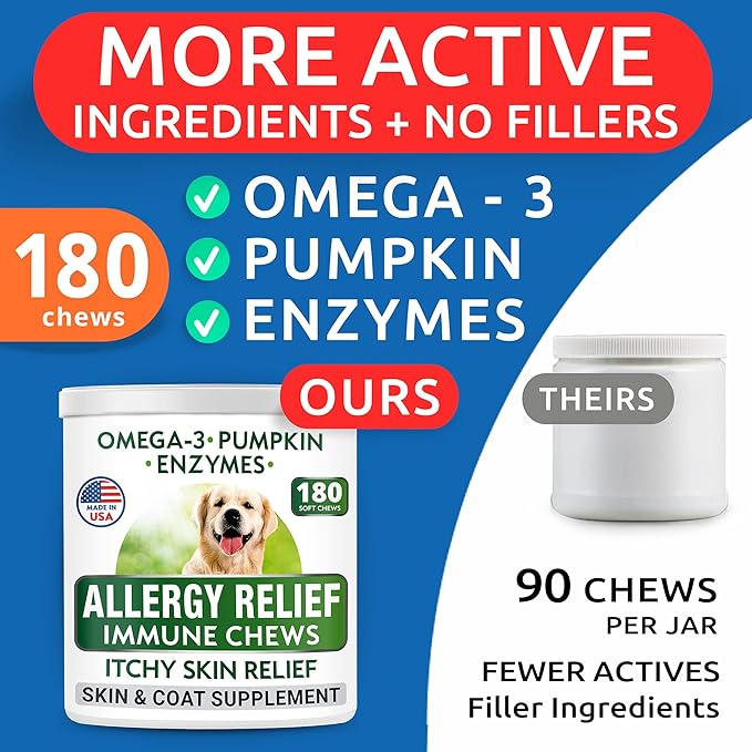 Allergy Relief Dog Treats - Itchy Skin Relief - Omega 3 + Pumpkin + Enzymes - Seasonal Allergies - Anti-Itch & Hot Spots - Immune Supplement - 300 Chews - Peanut Butter + Chicken Flavor - Made in USA