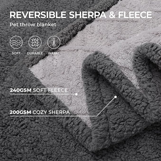Waterproof Pet Blanket, Liquid Pee Proof Dog Blanket for Sofa Bed Couch, Reversible Sherpa Fleece Furniture Protector Cover for Small Medium Large Dogs Cats, Light Grey King Size（90" x 82"）