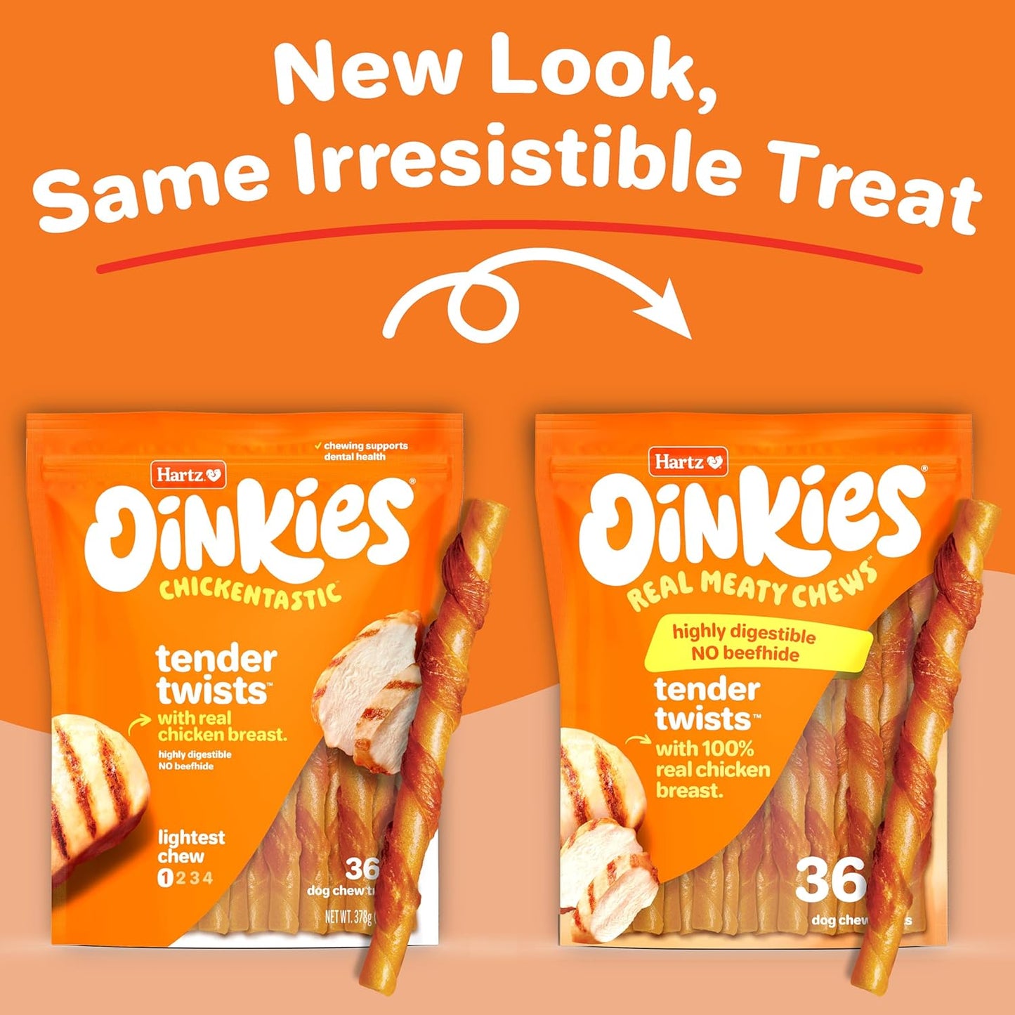 Hartz Oinkies Tender Twists with Real Chicken Breast Rawhide-Free Dog Treats, Highly Digestible Dog Chews, 72 Count