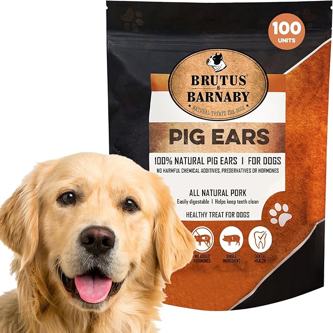 BRUTUS & BARNABY Pig Ears for Dogs, 100 Ct. – Whole or Half, All Natural Single Ingredient Dog Chews, Slow Cooked & Fully Digestible Rawhide Alternative