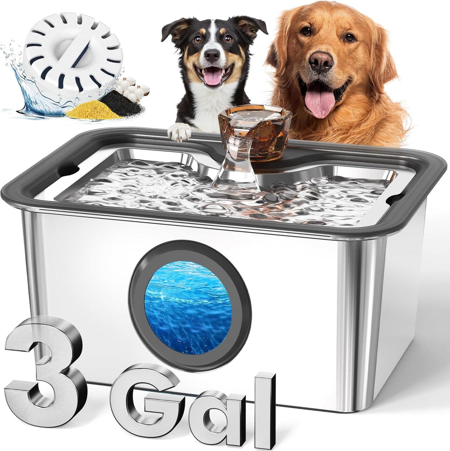 Dog Water Fountain for Large Dogs, 12L Stainless Steel 304 Pet Water Fountain, Cat Drinking Dispenser, Size:13.5 * 10.6 * 7inches, Smart Quiet Pump and Easy to Clean