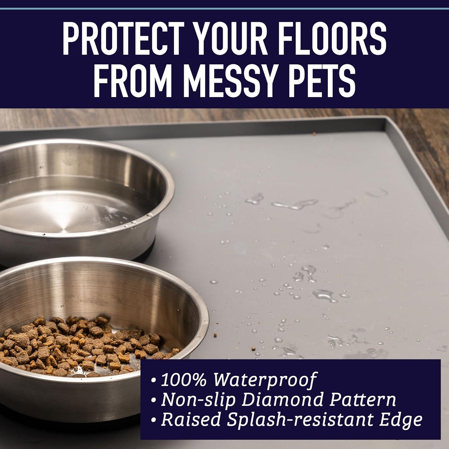 Leash Boss Dog Food Mat for Food and Water Bowls, Waterproof Silicone Pet Feeding Mat for Floors, Extra Tall Raised Edges, Cat and Dog Placemat for Floors, Dishwasher Safe (Small: 18"x11" - Navy)