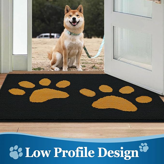 Buganda Dog Door Mat for Muddy Paws, Absorbent Dirt Trapper Washable Indoor Doormats, Non Slip Low-Profile Mud Mat for Dogs, Front Entrance Doormat for Inside Floor (36x24 Inches, Black and Yellow)