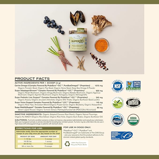 Super20 Canine Supplement Organic Ingredients Multi-Benefit Supplement, Ashwagandha, Help w/Canine Well-Being, Heart, Joint, Vision, Antioxidant Support by Katherine Heigl (30 scoops)