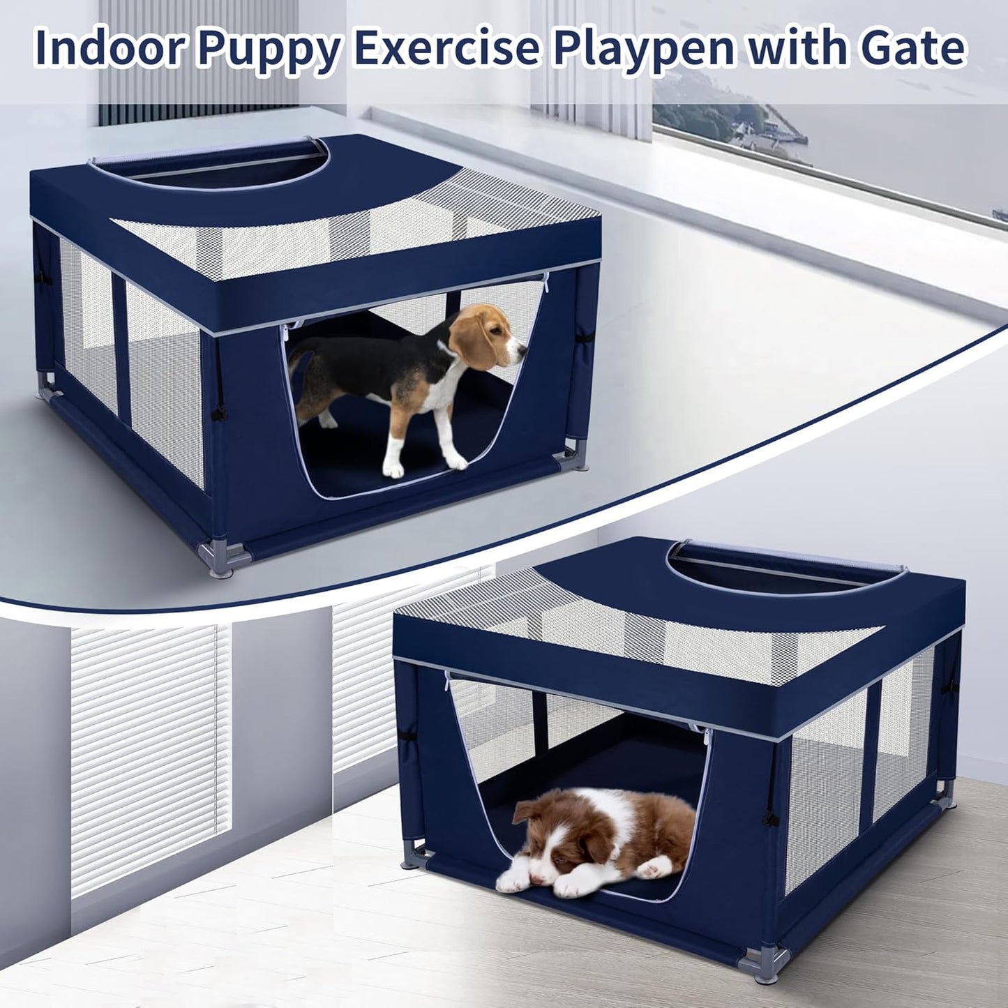 Dog Kitten Playpen with Play Pen Cover for Cat Indoor, 42x42 x25.5 Puppy Playpen for Small Pet with See-Through Topper Proof Enclosed Door Dog Pen, Sturdy Warm Protable Play Pen for Cat