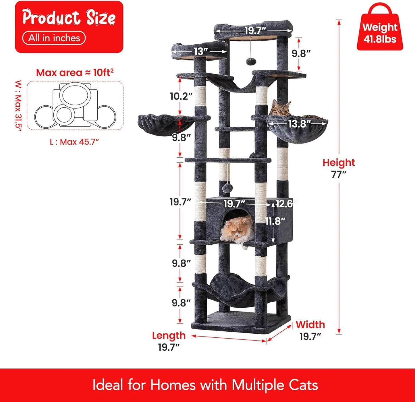 77-Inch Tall Cat Tree for Indoor Cats, Multi-Level Large Cat Tower with 4 Hammocks, 2 Padded Perches, Cat Condo, Sisal Scratching Posts and Hanging Toys for Large Adult Cat, Smoky Grey