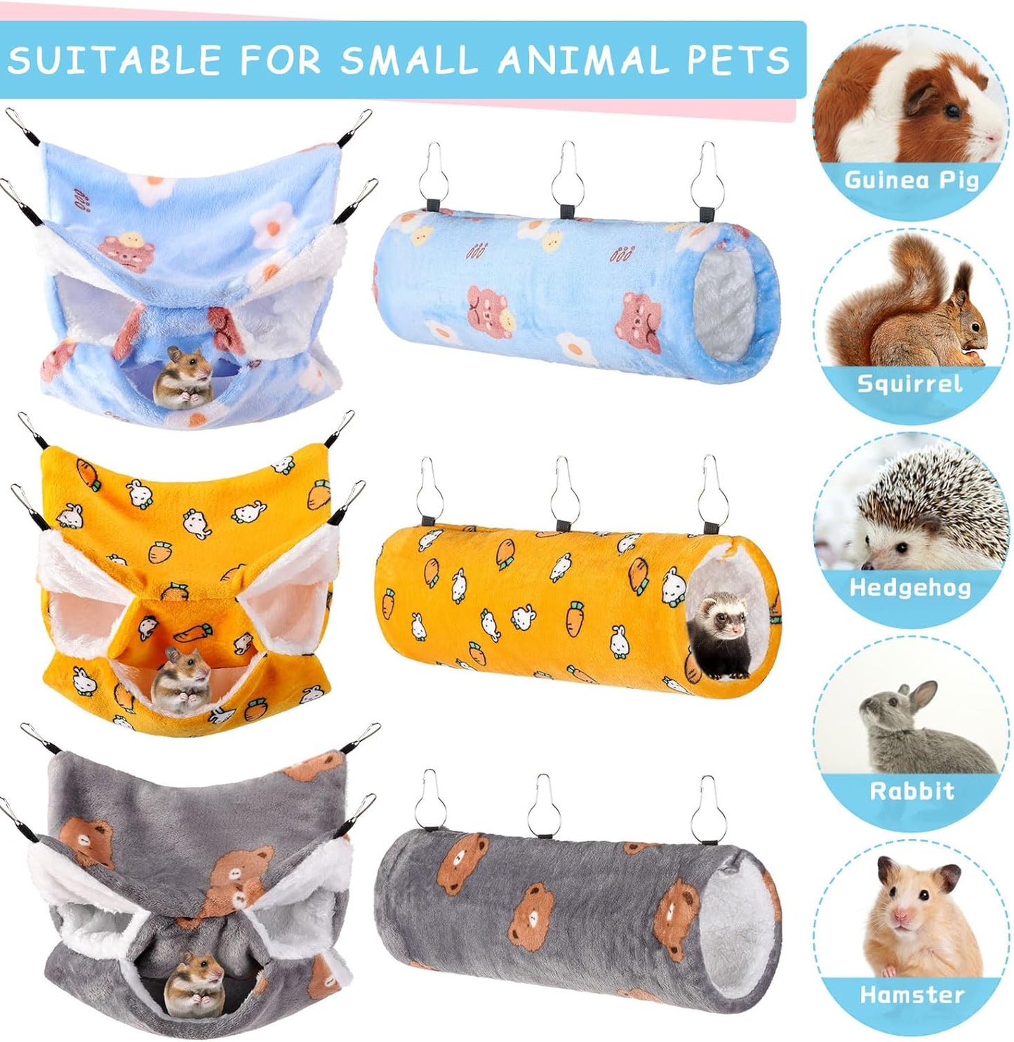 Sweetude 6 Pcs Rat Hammock Set Ferret Hanging Tunnel 3 Tier Guinea Pig Hammocks Hideout Soft Chinchilla Bed for Cage Accessories Hide,Play and Sleep (Sun,Bear)