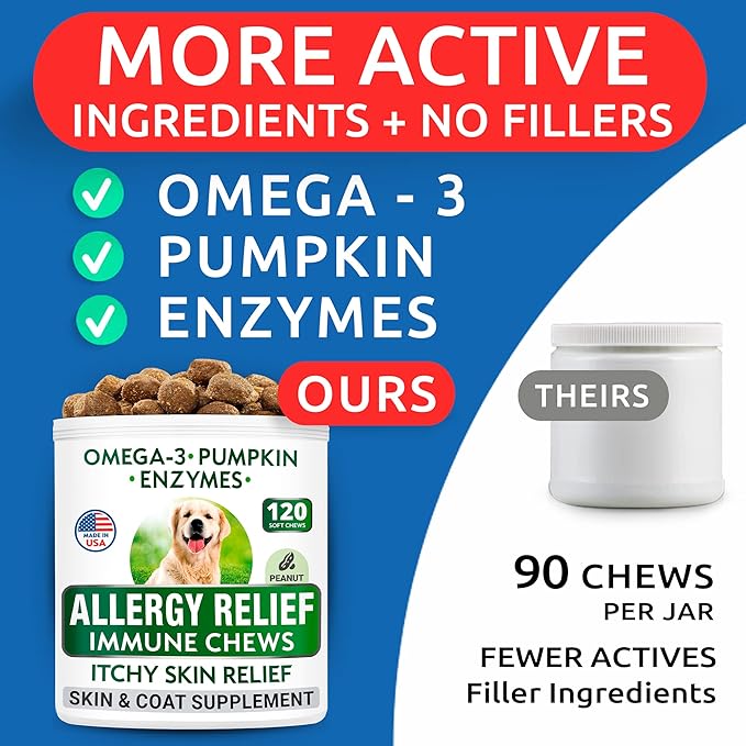 Allergy Relief Dog Treats - Itchy Skin Relief - Omega 3 + Pumpkin + Enzymes - Seasonal Allergies - Anti-Itch & Hot Spots - Immune Supplement - 300 Chews - Peanut Butter + Chicken Flavor - Made in USA