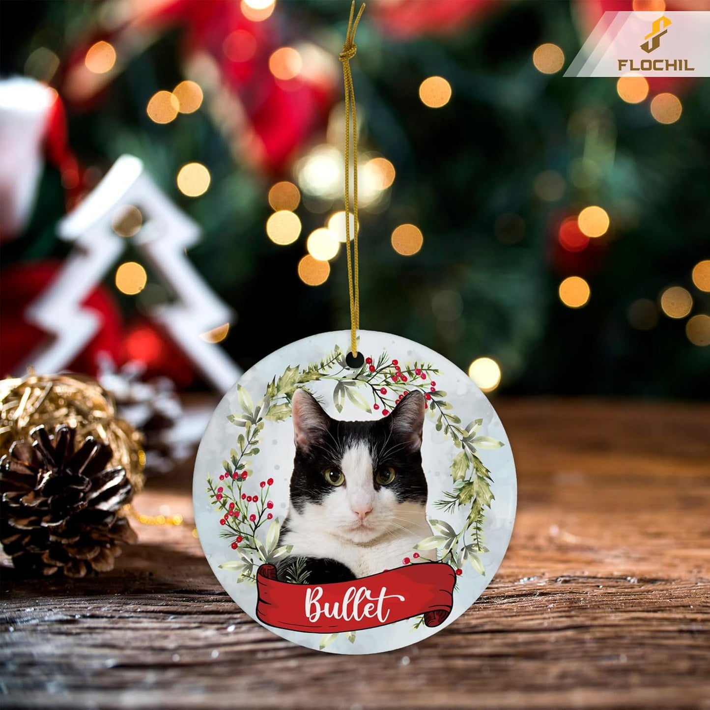 FLOCHIL Personalized Cat Christmas Ornaments Custom Photo Name for Christmas Trees, Cat First Christmas Ornaments, Gifts for Pet Lovers