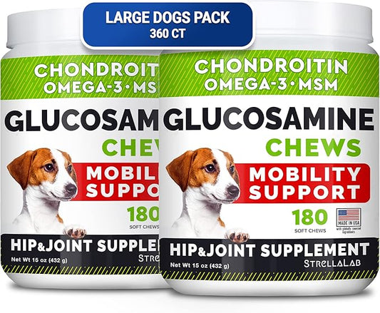 Glucosamine for Large Dogs - Joint Supplement Large Breed w/ Omega-3 Fish Oil - Chondroitin, MSM - Advanced Mobility Chews - Joint Pain Relief - Hip & Joint Care - Chicken Flavor - 360Ct - Made in USA
