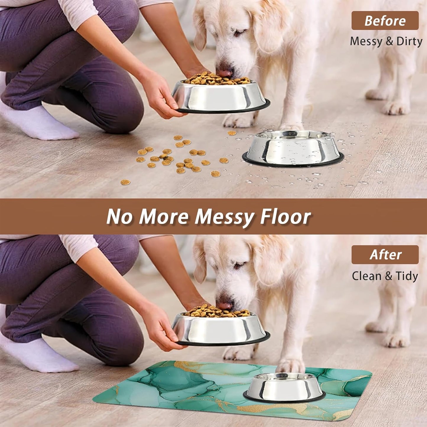 Marble Dog Food Mat for Floors,Green Gold Flowing Marble Absorbent Quick-Dry Pet Feeding Mat,Cat Dog Bowl Mats for Food and Water,Non-Slip Pet Accessories Supplies 16"x24"