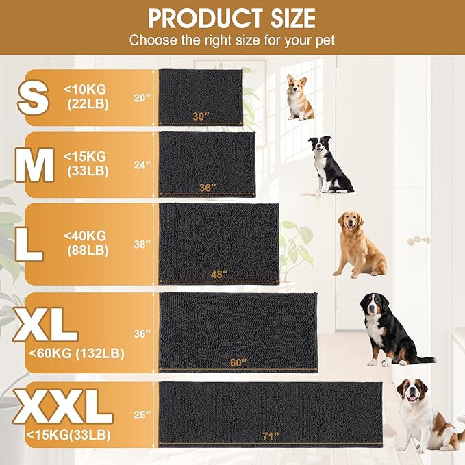 Extra Large Dog Door Mats for Muddy Paws, Chenille Absorbent Dog Mats, Non Slip Heavy Mud Mat for Dogs, Soft Pet Mat for Entryway, Mud Paws, Inside Floor,71" x 25", Dark Grey