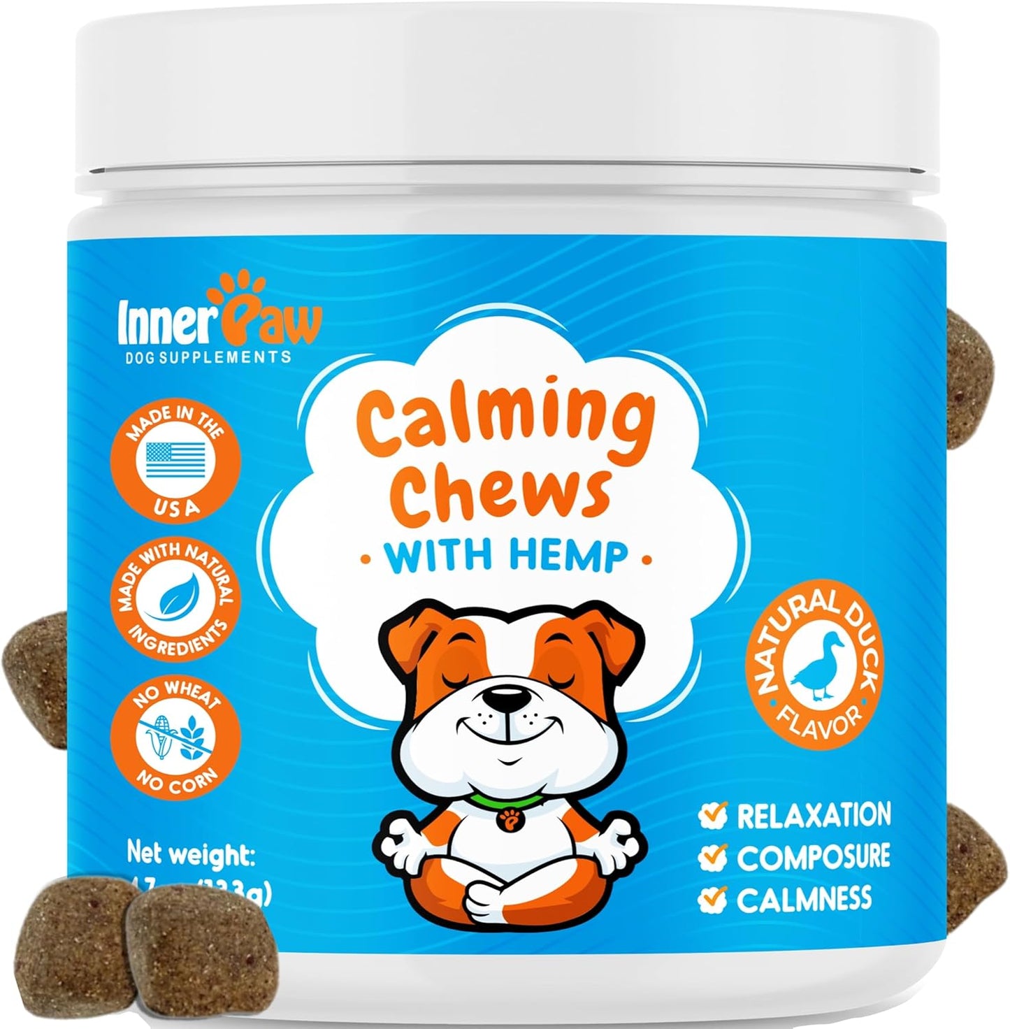 INNER PAW Calming Chews for Dogs – Hemp, Chamomile & Passion Flower – Natural Calming Aid for Stress, Relaxation, Travel & Separation – Duck Flavor Soft Chews Made in USA, 60 Count