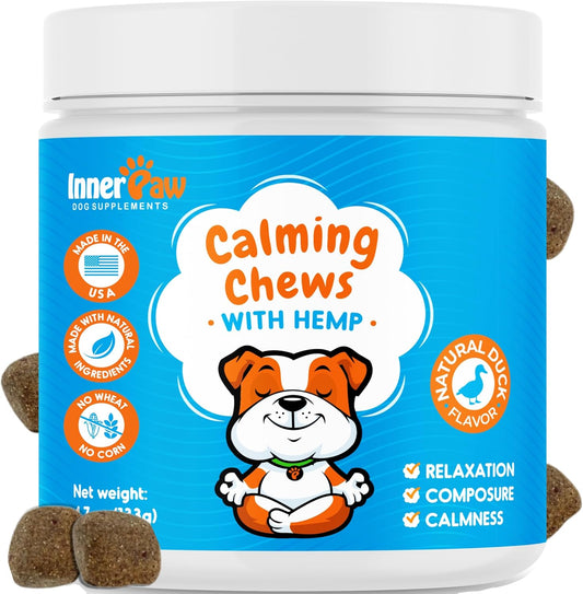 INNER PAW Calming Chews for Dogs – Hemp, Chamomile & Passion Flower – Natural Calming Aid for Stress, Relaxation, Travel & Separation – Duck Flavor Soft Chews Made in USA, 60 Count