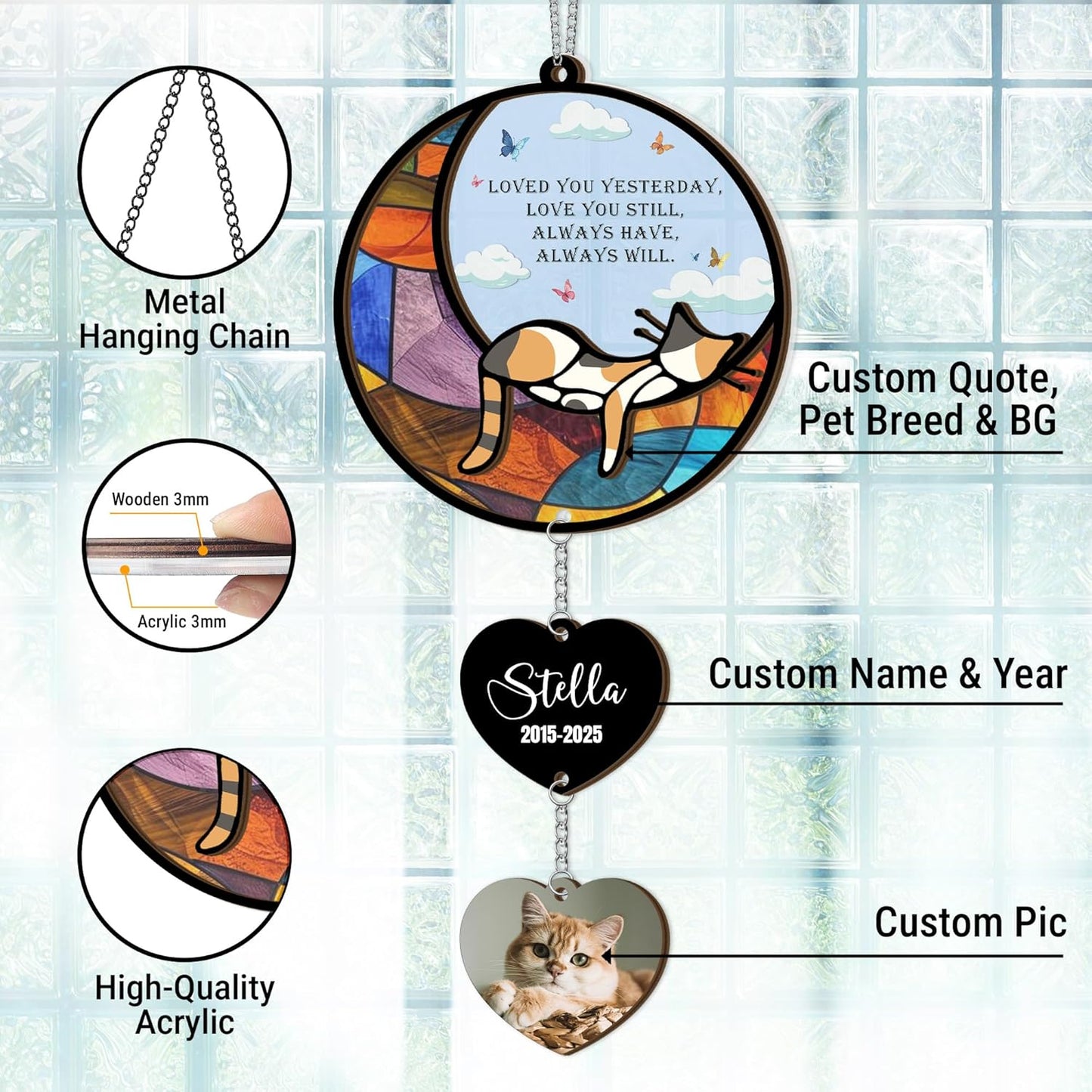 Personalized Stained Glass Sleeping Cat Suncatcher |Cat Loss Sympathy Gift | Customized Pet Memorial Suncatcher with Charms | Custom Pet Memorial Gifts| Best Gifts for Your Beloved Cats Passed Away