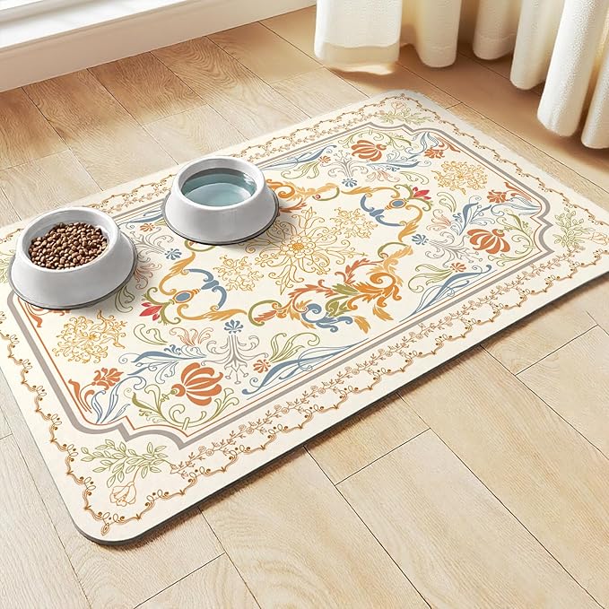 Pet Feeding Mat, Absorbent Cat Dog Mat for Food and Water Bowls Floors, No Stains Quick Dry Cat Dog Feeding Water Bowl Mats for Sloppy Drinkers, Pet Feeding & Watering Supplies (Boho, 16"x 24")