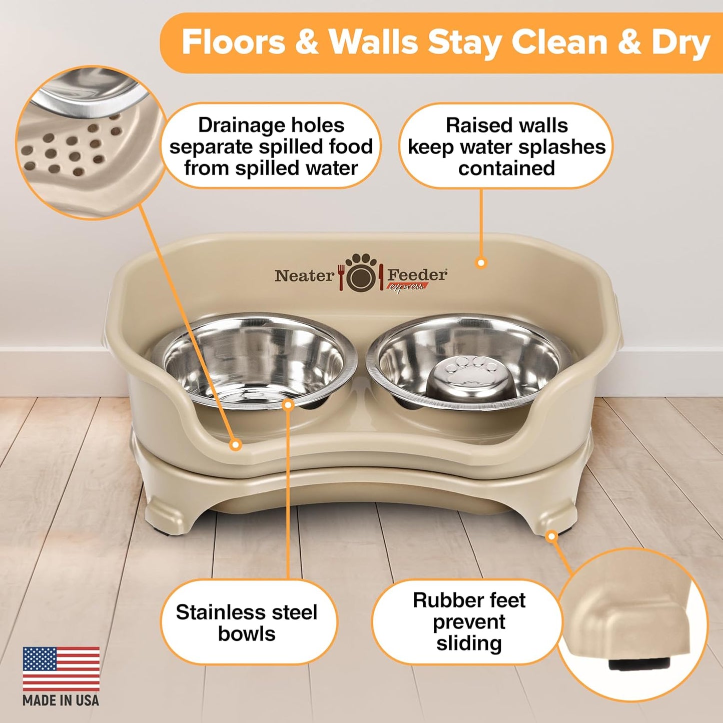 Neater Feeder Express Mess Proof Dog Bowls Elevated for Small Breed – Made in USA – No Spill Raised Slow Feeder Elevated Dog Bowl Stand, Stainless Steel Food and Water Bowl Set, Almond