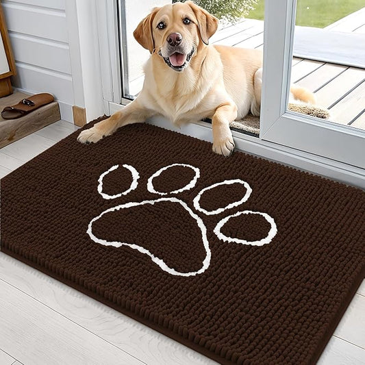 OLANLY Door Mat for Muddy Dog Paws 36x24, Ultra Absorbent Chenille Mud Doormat with Paw Print Design, Non-Slip Washable Doormat for Indoor Entryway, Quick-Dry Pet Bed Mats for Dirty Dogs, Brown