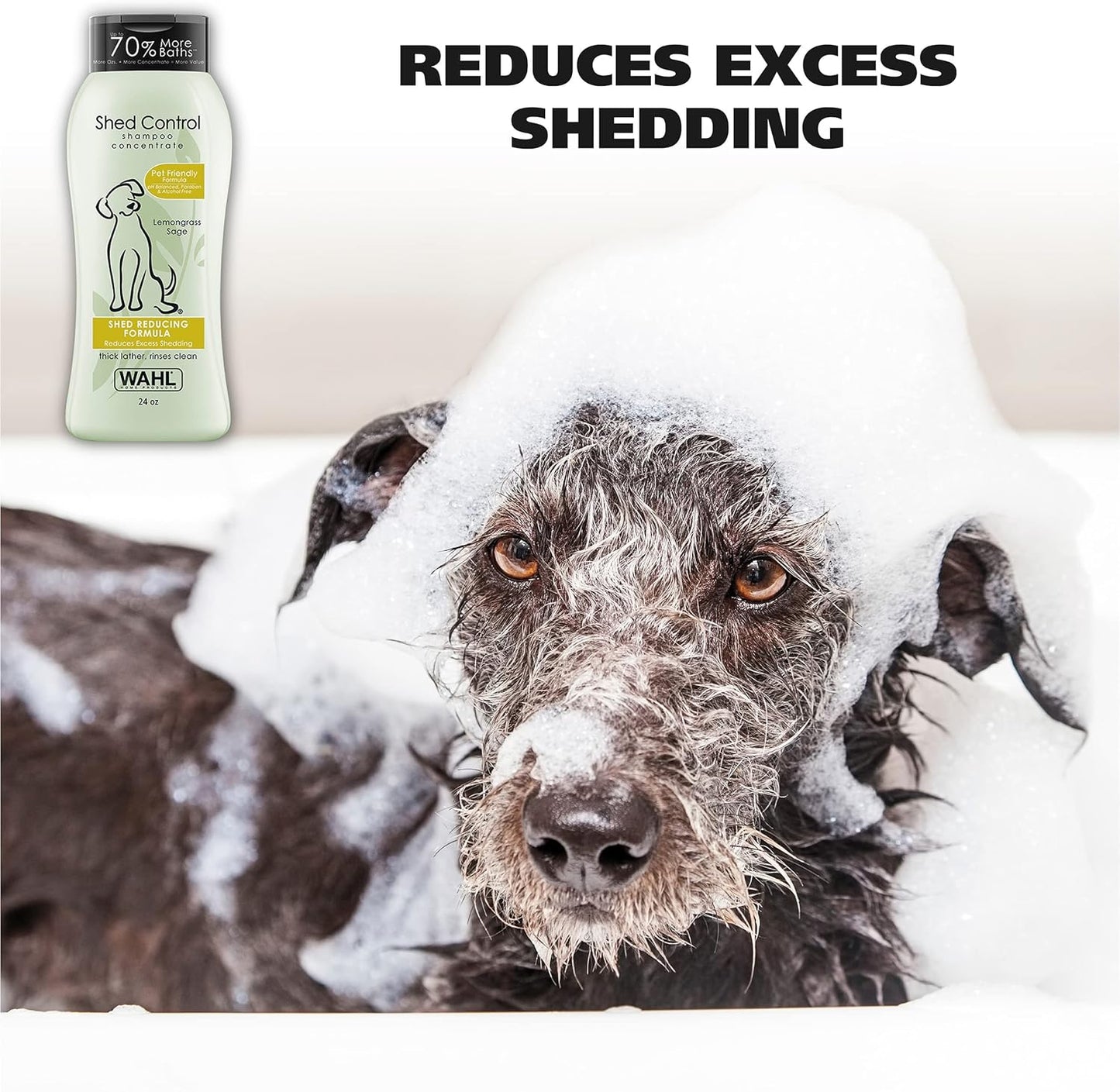 Wahl USA Shed Control Pet Shampoo for Dog Shedding & Dander – Lemongrass & Sage Scent - Contains Oatmeal, & Aloe for Healthy Coats & Moisturized Skin – 24 Oz - Model 820005A