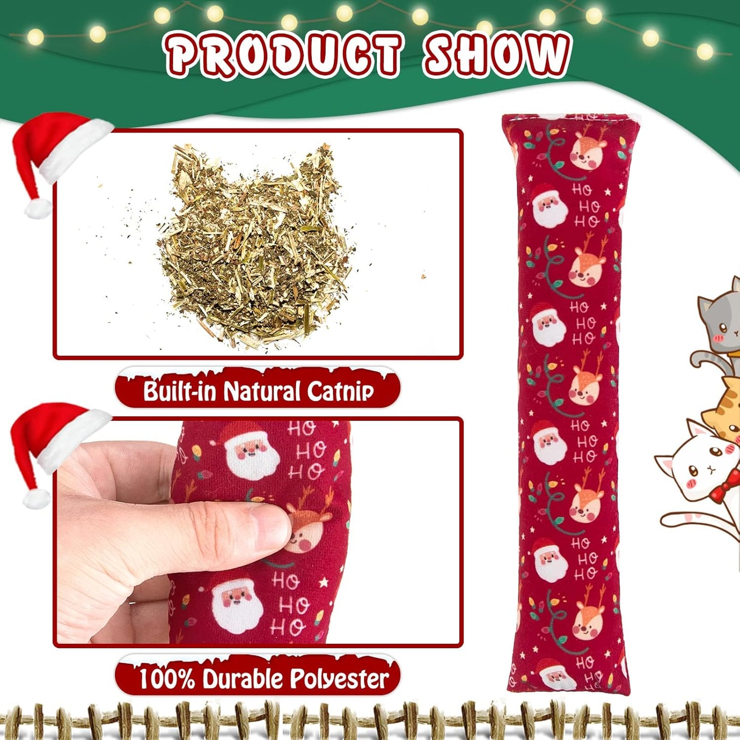 KOOLTAIL Cat Catnip Toys for Christmas, 3 Pack Durable Soft Kicker Toy Filled with Natural Catnip, Interactive Bite Resistant Chew Gift for Indoor Cats Kitten