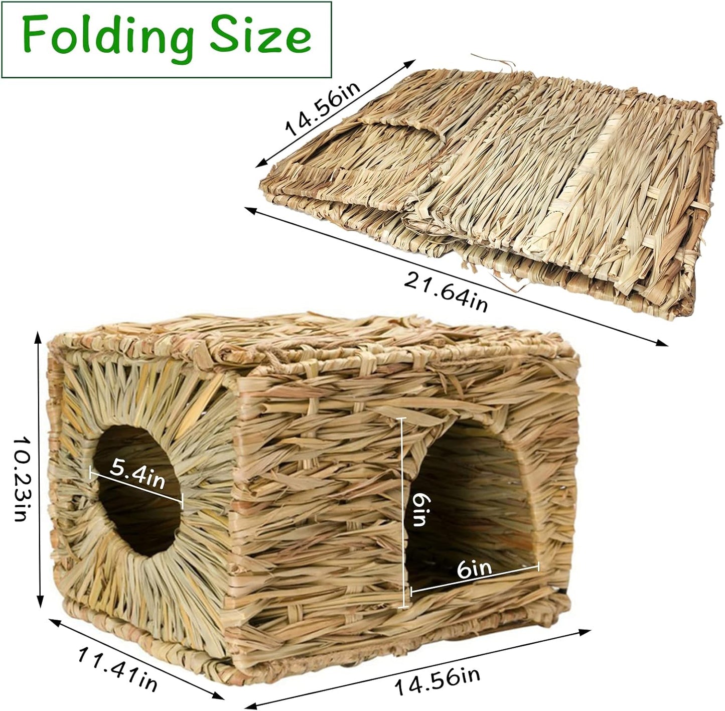 Hamiledyi 2PCS Large Grass House for Rabbit, Edible Bunny Hut Natural Grass Woven Foldable Pet Play Hideaway Hay Mat Chew Toys for Guinea Pig Hamster Chinchilla 14.5x11.4x10.2 inches